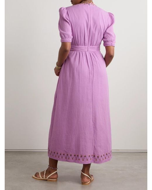Saloni Purple Jamie Tie-Detailed Embroidered Cotton-Seersucker Midi Dress