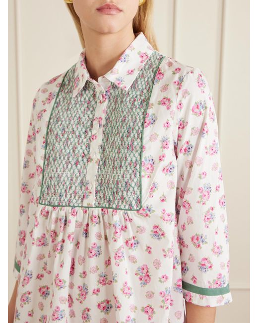 Loretta Caponi Multicolor Alassio Shirred Embroidered Floral-Print Cotton-Poplin Mini Dress
