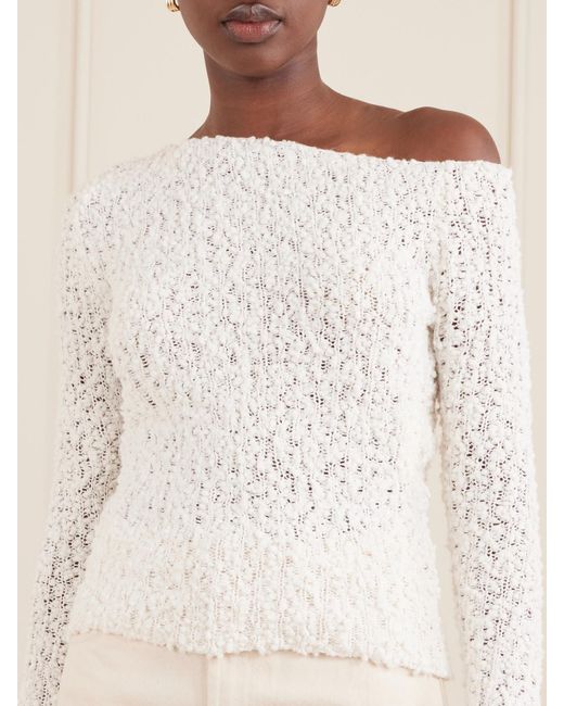 The Elder Statesman White Vine Off-The-Shoulder Cotton-Blend Bouclé Sweater