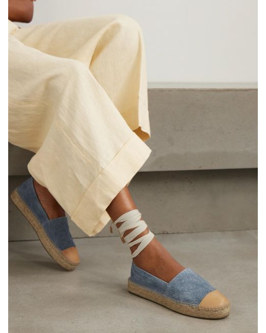 Tory Burch Blue Lace-Up Embellished Leather-Trimmed Printed Suede Platform Espadrilles