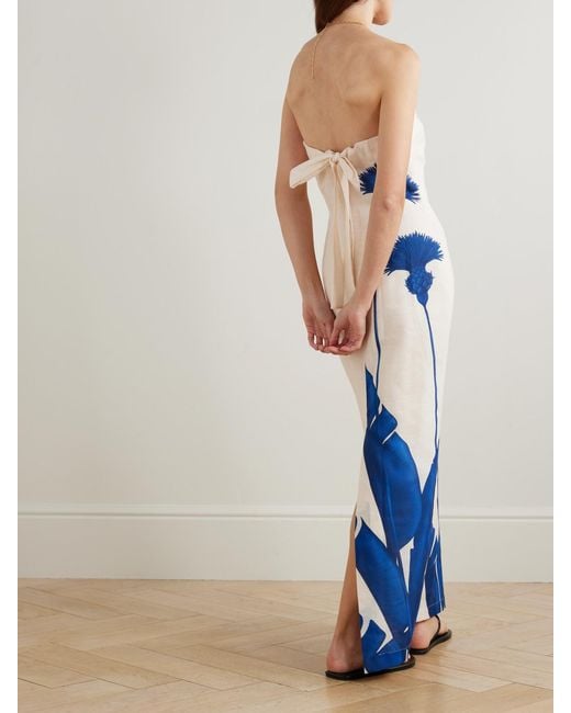 ANDRES OTALORA Blue Costera Strapless Tie-Detail Floral-Print Linen Maxi Dress