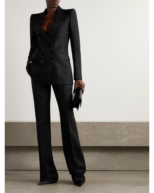 Tom Ford Black Herringbone Wool Straight-Leg Pants