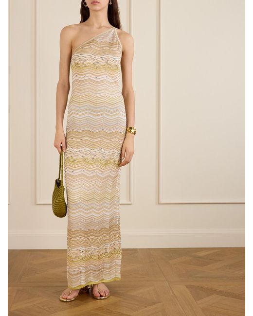 Missoni Natural One-Shoulder Sequin-Embellished Striped Metallic Crochet-Knit Maxi Dress