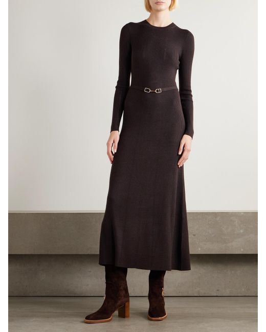 Gabriela Hearst Black Imagene Belted Ribbed Pointelle-Knit Wool Midi Dress