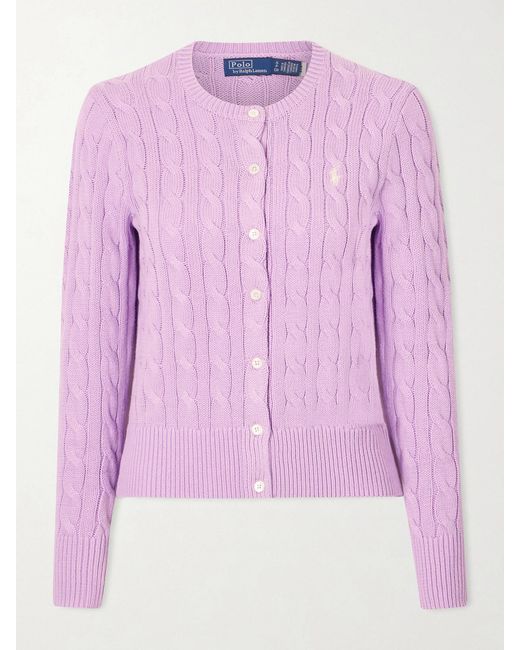 Polo Ralph Lauren Pink Embroidered Cable-Knit Cotton Cardigan