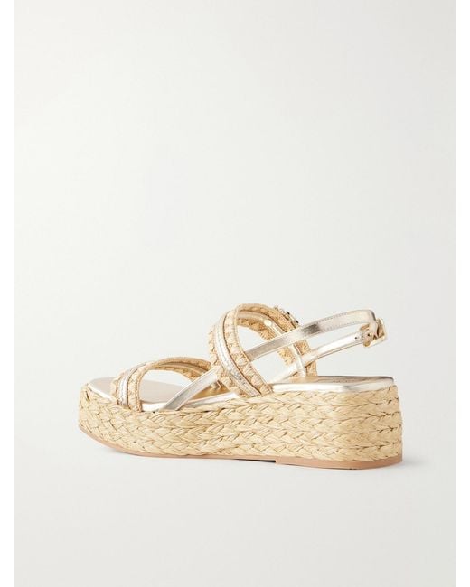 Roger Vivier Natural Summer Embellished Metallic Leather-Trimmed Woven Raffia Platform Sandals