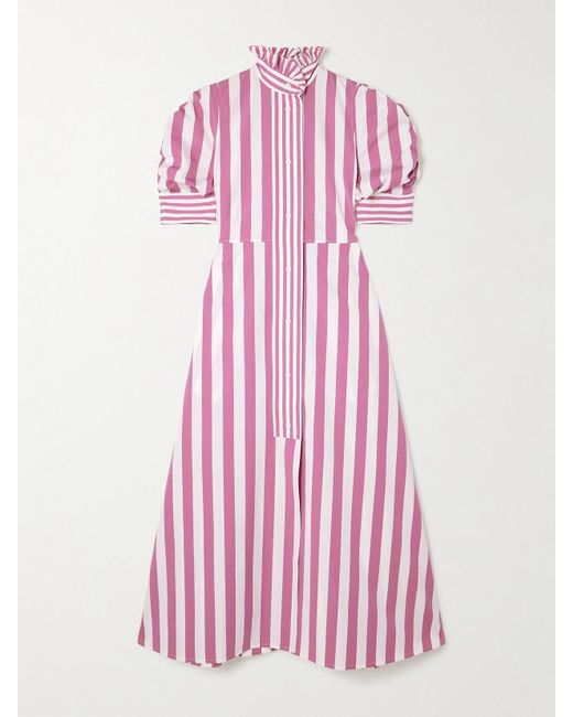 Thierry Colson Pink Venetia Ruffled Striped Cotton-Poplin Midi Dress