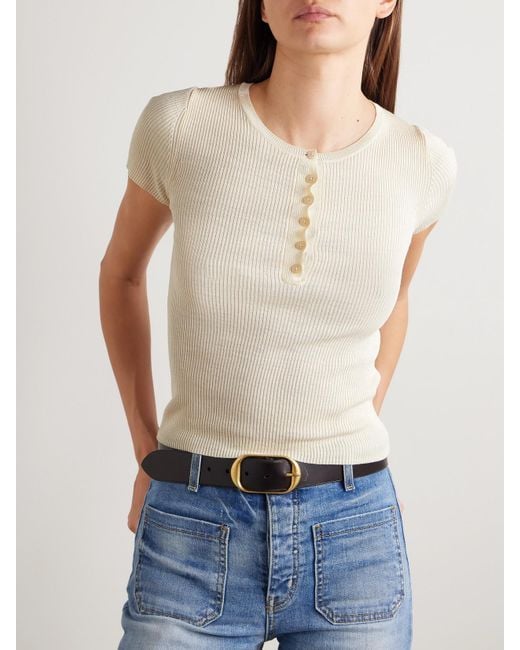 Nili Lotan Natural Francene Ribbed Silk Henley T-Shirt