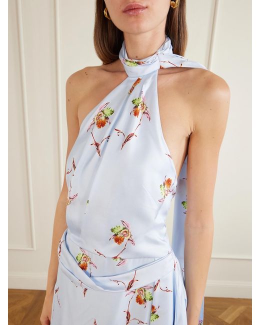 Emilia Wickstead White Tie-Detailed Pleated Floral-Print Halterneck Silk-Twill Gown
