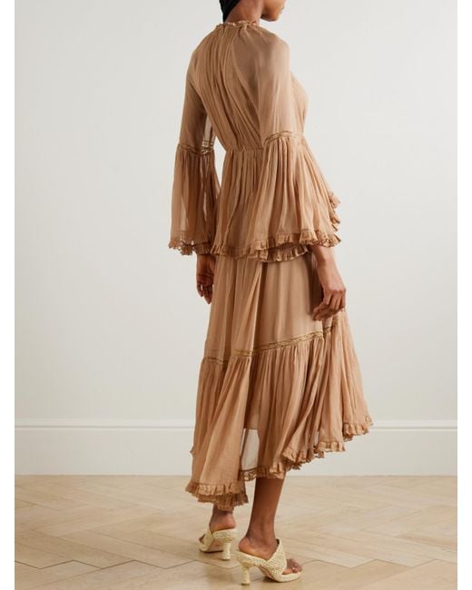 Zimmermann Natural Hypnotic Midikleid Aus Crêpe De Chine Mit Stufen Und Spitzenbesätzen