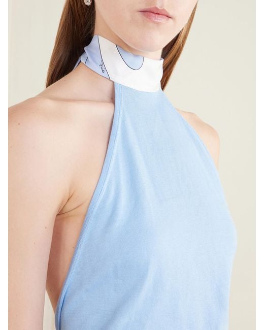 Emilio Pucci Blue Printed Silk-Trimmed Cotton Halterneck Top