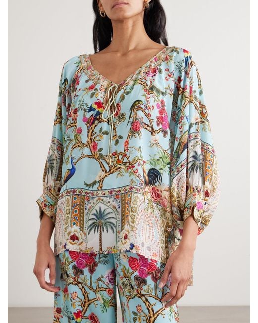 Camilla Multicolor Sultans And Queens Tie-Detailed Embellished Printed Silk-Crepe Blouse