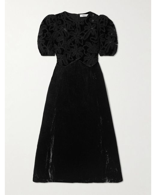 Sea Black Alice Embroidered Lace-Trimmed Velvet Midi Dress