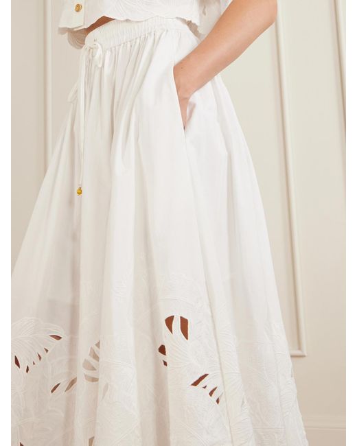Zimmermann White Mahon Embroidered Cotton Midi Skirt