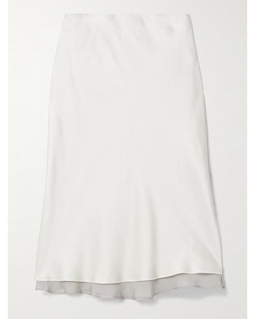 Kallmeyer White Nola Silk Chiffon-Trimmed Satin Midi Skirt