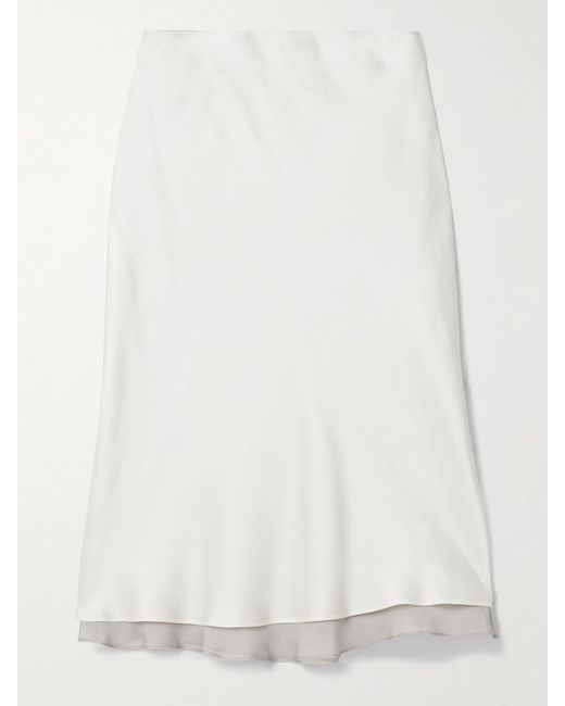 Kallmeyer White Nola Silk Chiffon-Trimmed Satin Midi Skirt