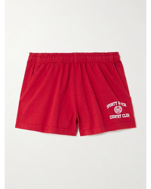 Sporty & Rich Red Varsity Printed Cotton-Jersey Shorts