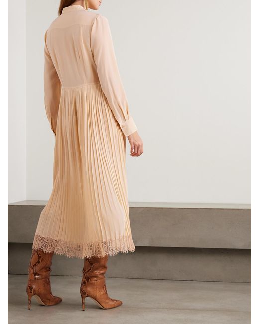 Ulla Johnson Natural Aviana Pussy-Bow Lace-Trimmed Pleated Silk Crepe De Chine Dress