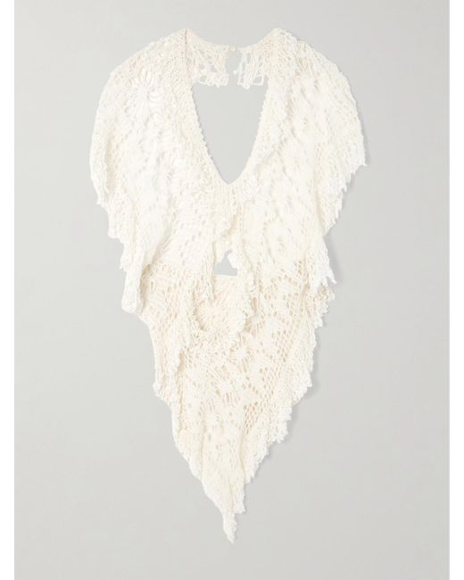DIOTIMA White Drift Cutout Asymmetric Crocheted Cotton Halterneck Top