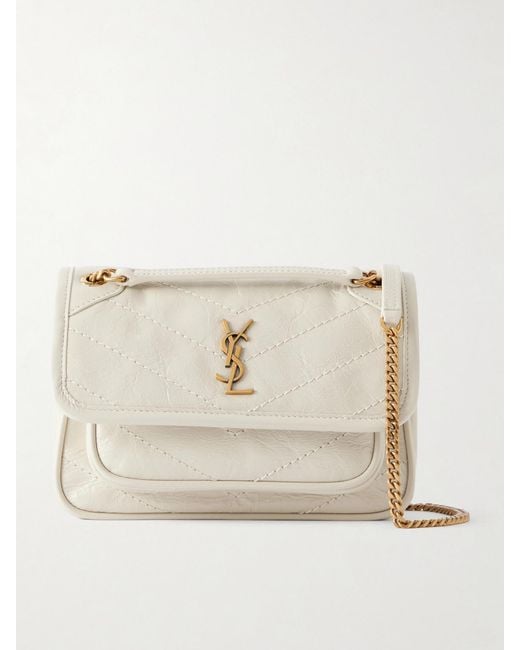 Saint Laurent Natural Niki Mini Cassandre-Embellished Crinkled-Leather Shoulder Bag