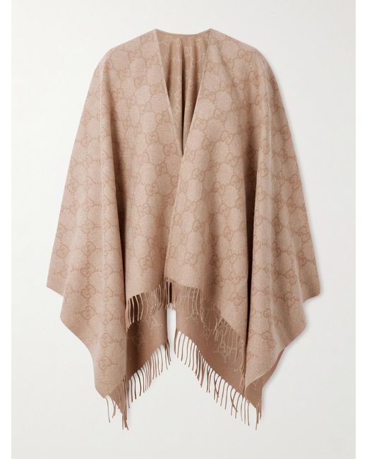 Gucci Natural Fringed Logo-Jacquard Metallic Cashmere-Blend Wrap