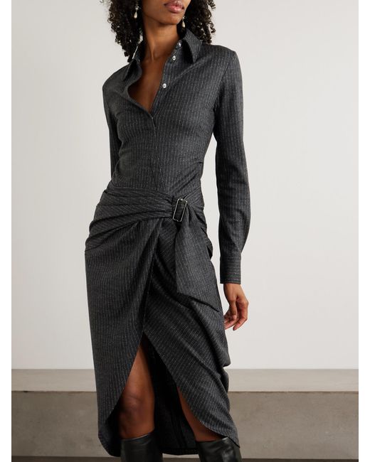 Isabel Marant Black Rosalie Draped Pinstriped Wool And Cotton-Blend Mini Dress