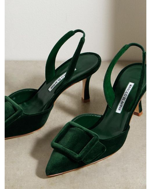 Manolo Blahnik Green Maysli 70 Buckled Velvet Slingback Pumps