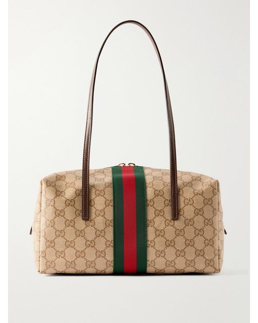 Gucci Natural Boston Leather-Trimmed Coated Canvas-Jacquard Shoulder Bag