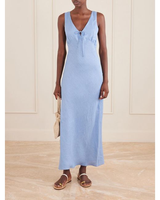 Miguelina Blue Bow-Detailed Linen-Jacquard Maxi Dress
