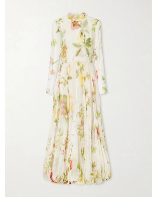 Oscar de la Renta Metallic Chiné Dominican Floral-Print Silk-Chiffon Gown