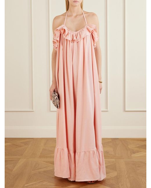 Marrakshi Life Pink Ruffled Striped Cotton Maxi Dress