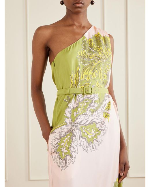 LaDoubleJ Pink Roy One-Shoulder Belted Floral-Print Silk-Twill Maxi Dress