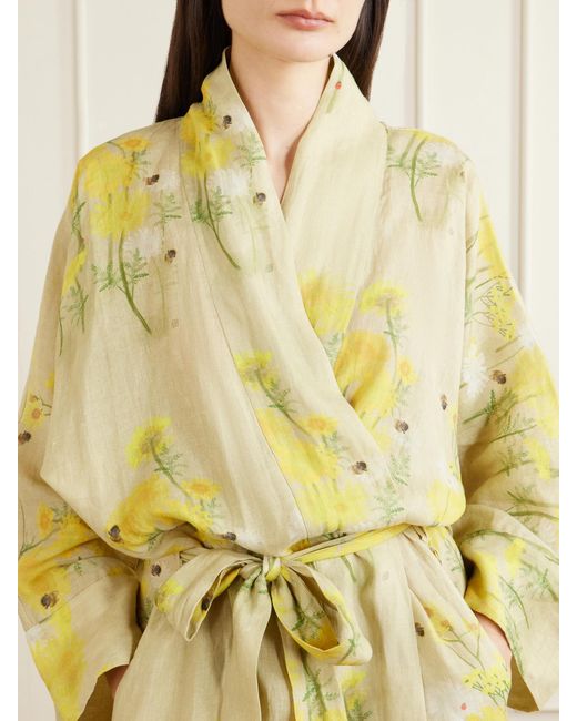 BERNADETTE Yellow Peignoir Belted Floral-Print Linen Maxi Dress