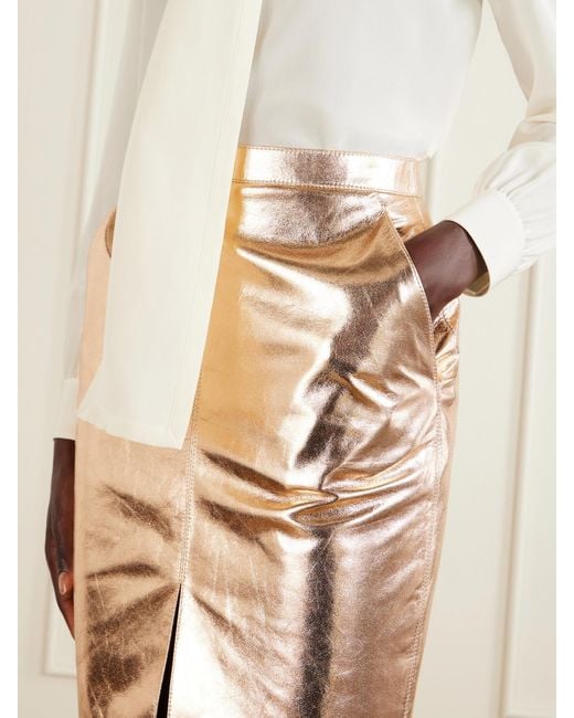 Saint Laurent Natural Metallic Leather Midi Skirt