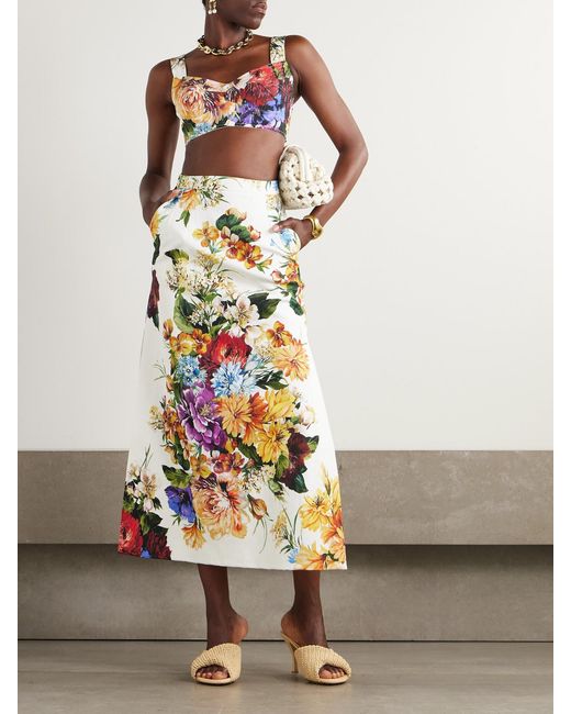Dolce & Gabbana White Cropped Poplin-Trimmed Floral-Print Crepon Bustier Top