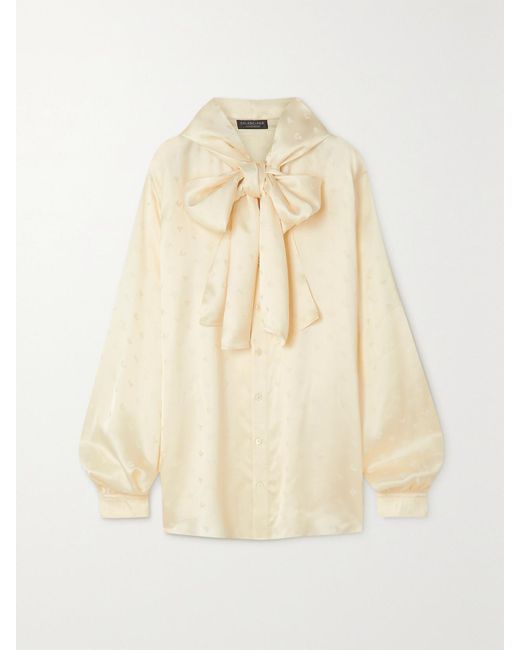 Balenciaga Natural Oversized Hooded Pussy-Bow Satin-Jacquard Blouse