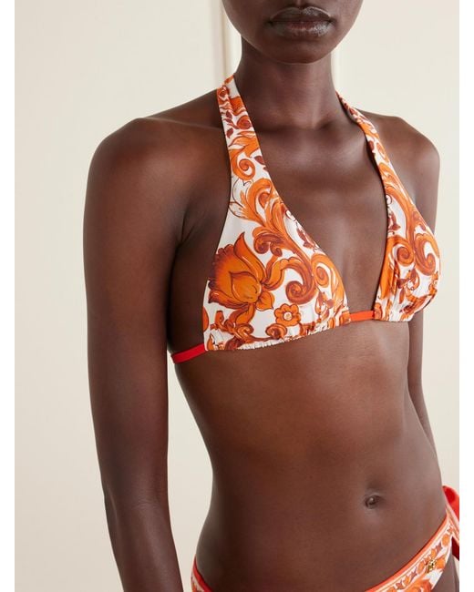 Dolce & Gabbana Gray Maiolica Knotted Printed Halterneck Bikini