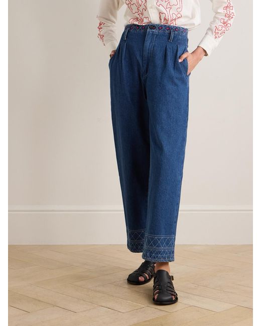 Bode Blue Murray High-Rise Pleated Embroidered Wide-Leg Jeans