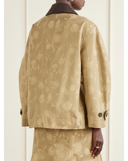 Erdem Natural Belted Corduroy-Trimmed Floral-Jacquard Cotton Jacket