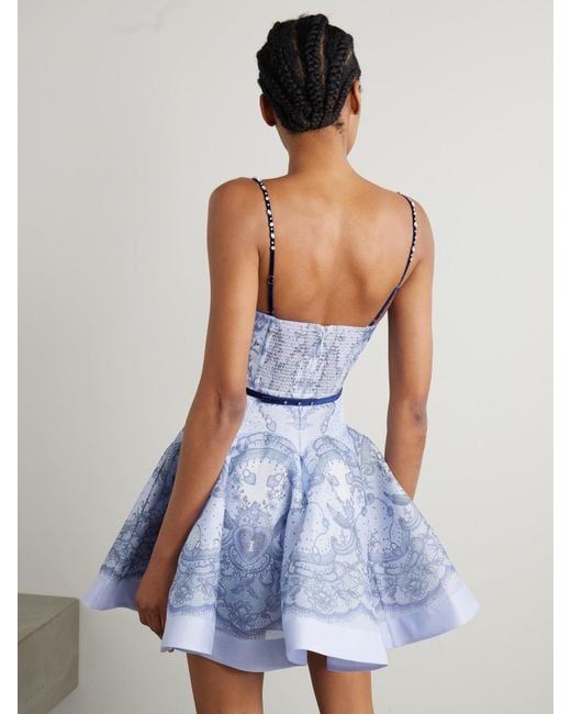 Zimmermann Blue Crush Embellished Velvet-Trimmed Printed Linen And Silk-Blend Mini Dress