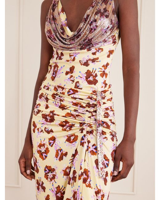 Rabanne White Chainmail-Embellished Ruched Floral-Print Satin Mini Dress