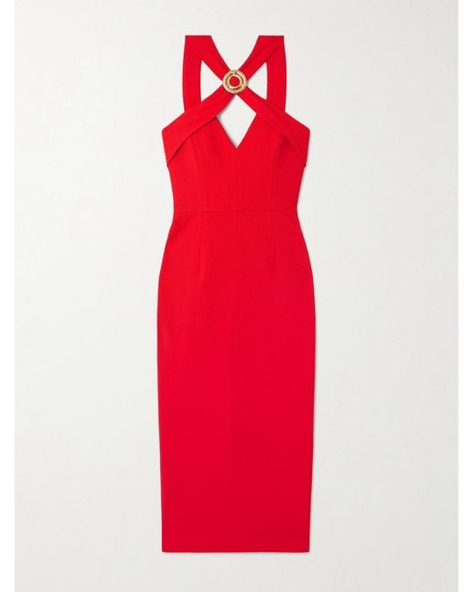 Rebecca Vallance Red Cameron Embellished Crepe Midi Dress