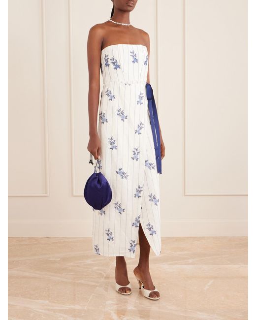 Agua Bendita White Cinefila Striped Embellished Linen Midi Dress