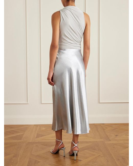 Tory Burch White Flared Crinkled Satin Midi Skirt