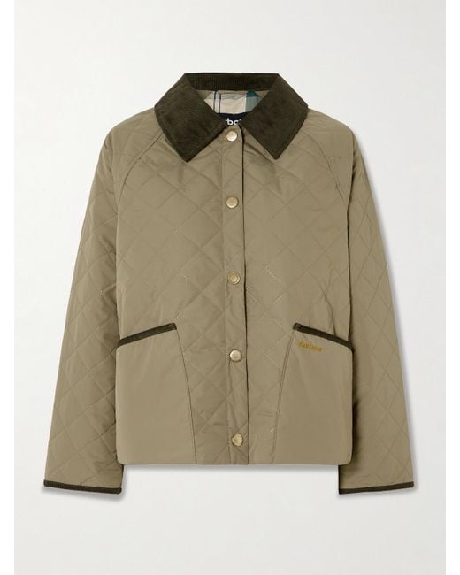 Barbour Green Anise Corduroy-Trimmed Cropped Quilted Shell Jacket