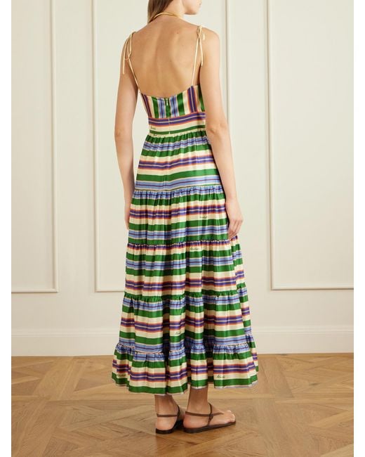 Christiano Marchelli Green Allegra Tiered Striped Silk-Blend Maxi Dress