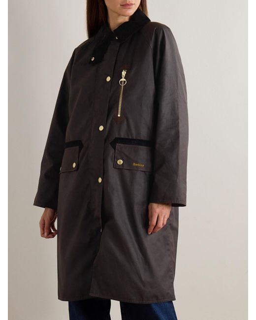 Barbour Black Evette Corduroy-Trimmed Waxed-Cotton Trench Coat