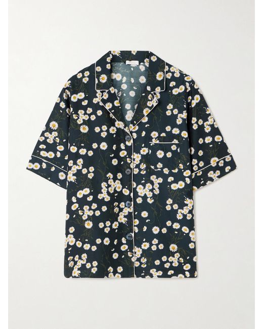 Eres Black Romance Je T'Aime Piped Floral-Print Silk Pajama Top