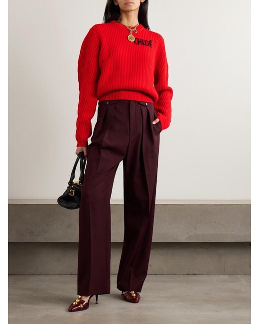 Chloé Red Logo-Detailed Ribbed Wool And Cashmere-Blend Sweater