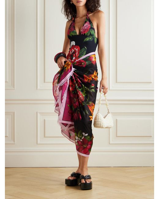 Paréo En Voile De Coton Effilé À Imprimé Fleuri Dolce & Gabbana en coloris Red